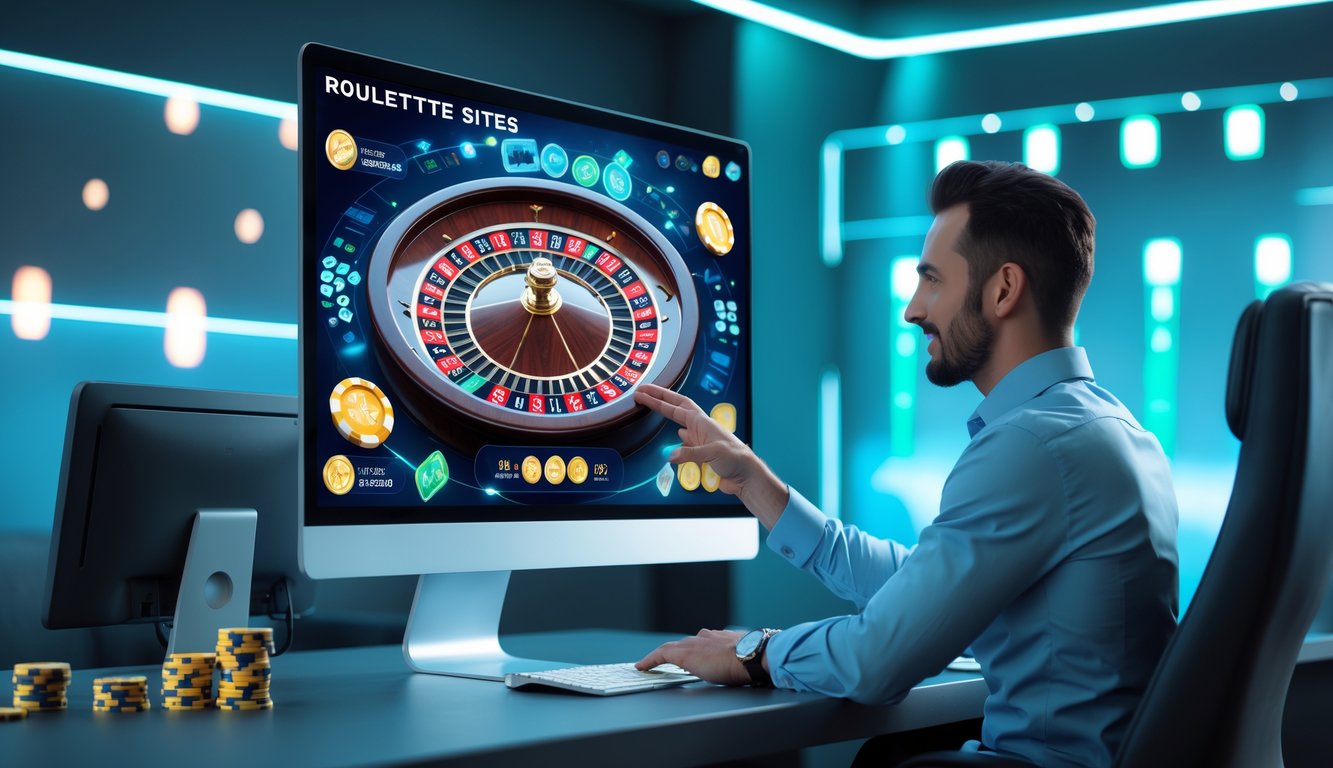 Seorang pria atau wanita sedang menggunakan komputer dengan tampilan roda roulette online, di ruang kerja modern dengan pencahayaan biru dan hijau yang lembut.