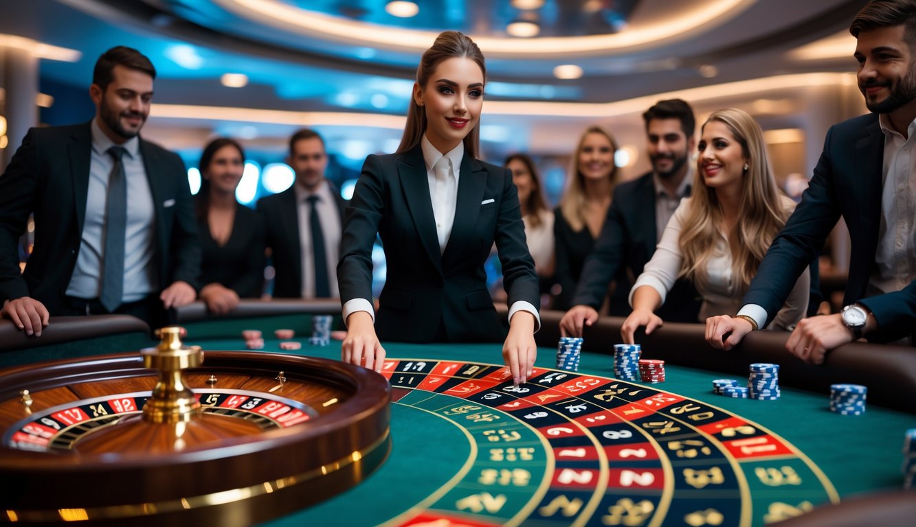 Seorang dealer wanita sedang memutar roda roulette di meja kasino dengan beberapa pemain yang mengamati dan memasang taruhan.