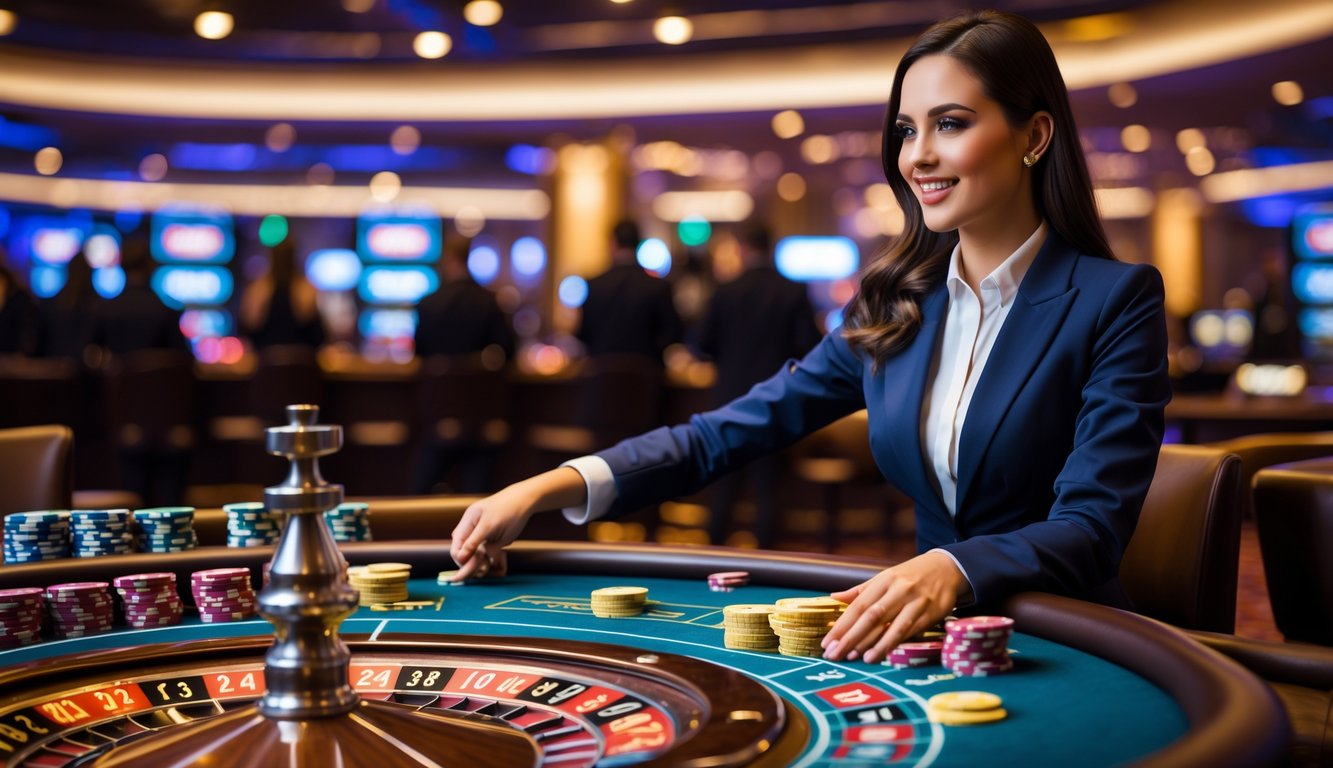 Seorang dealer wanita sedang memutar roda roulette di meja kasino dengan tumpukan chip di sekitarnya, dikelilingi oleh suasana kasino yang ramai.