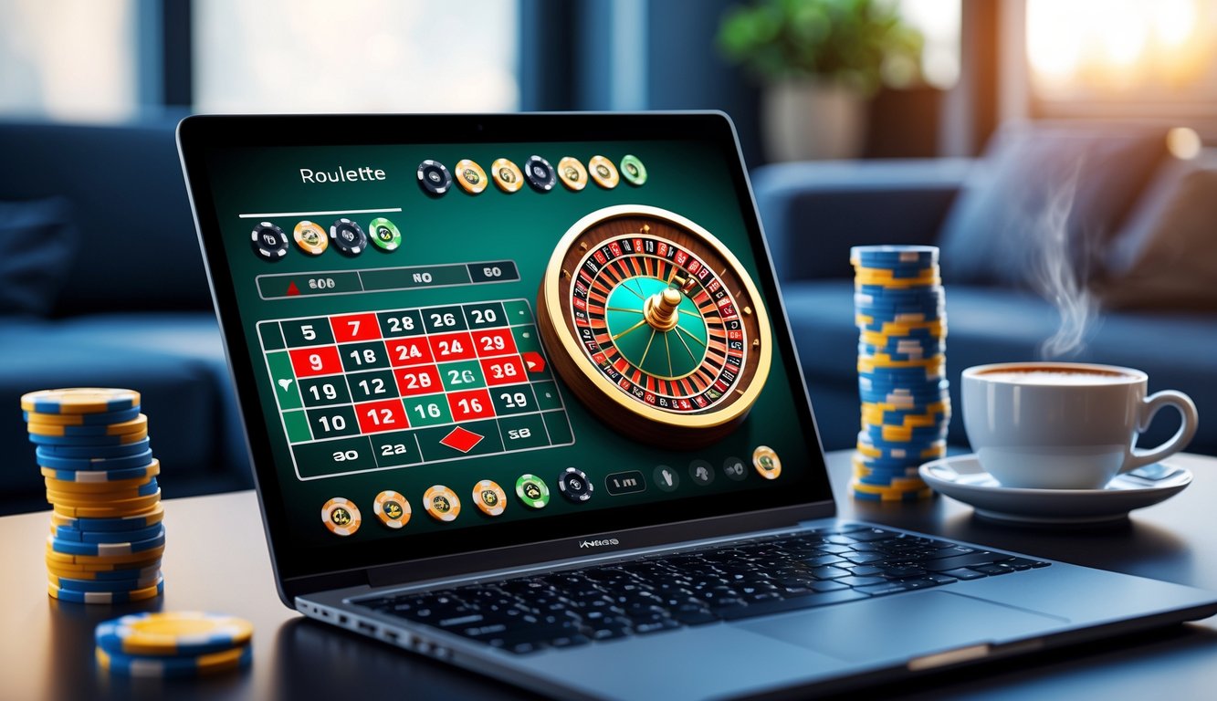Seorang pria menggunakan laptop dengan tampilan roda roulette digital dan tumpukan chip warna-warni di meja, di ruang yang nyaman dengan pencahayaan lembut.