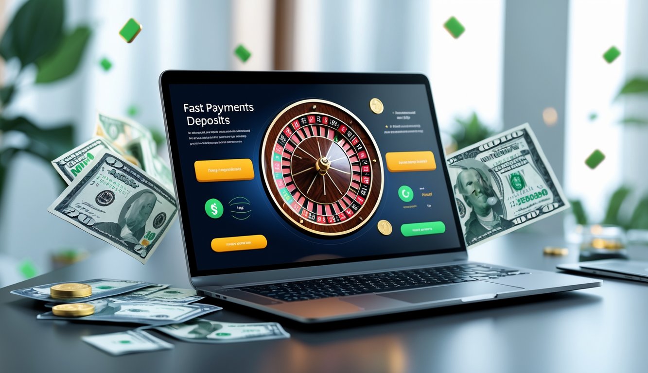 Sebuah meja dengan komputer menampilkan roda roulette online, dikelilingi ikon pembayaran digital dan kartu kredit, menunjukkan permainan roulette online dengan pembayaran cepat dan deposit rendah.