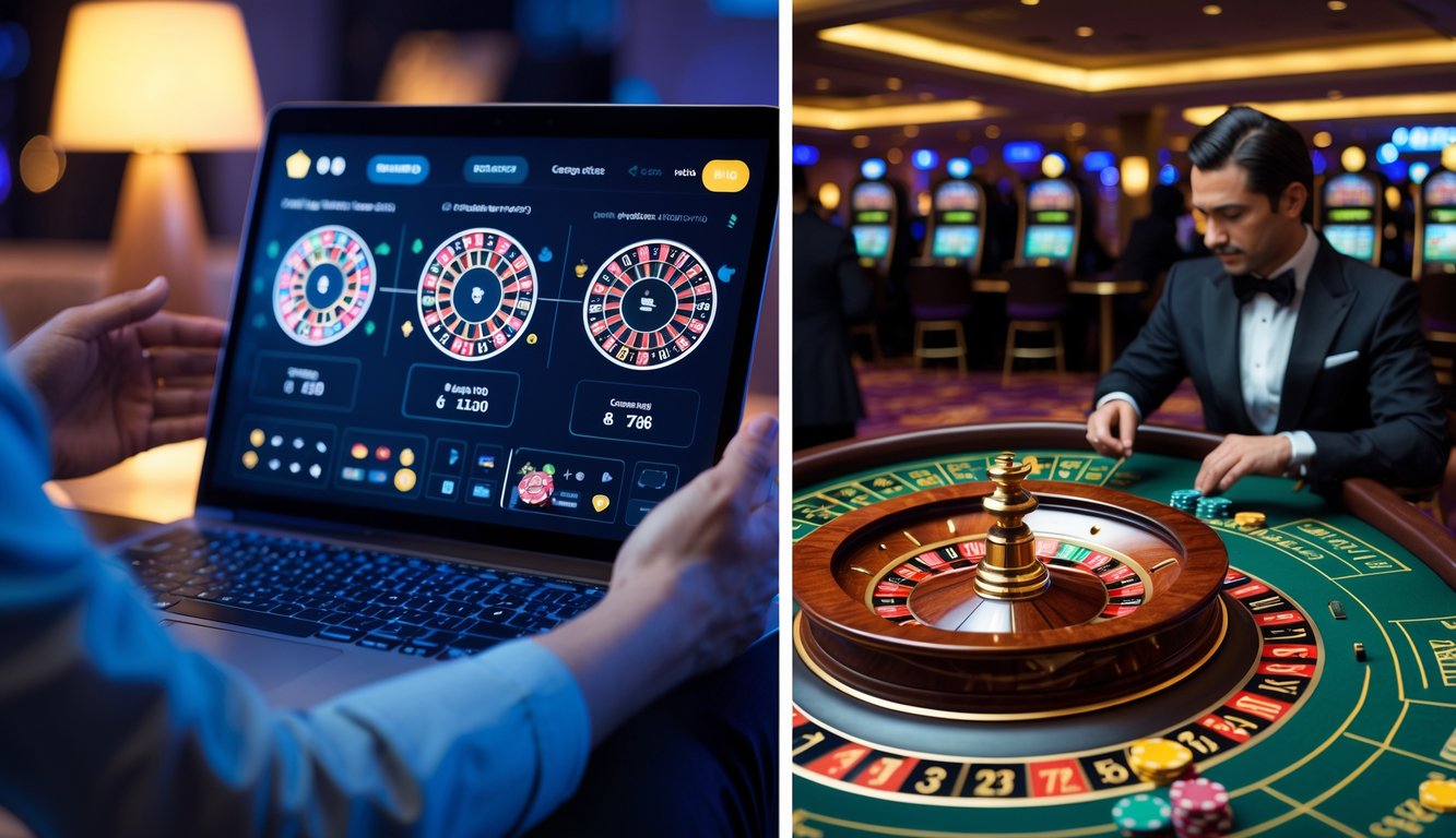 Seseorang bermain roulette online di laptop di rumah dan dealer mengoperasikan roda roulette di kasino fisik dengan pemain di sekitarnya.