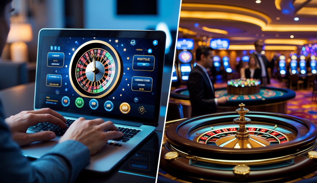Seseorang bermain roulette online di laptop di rumah dan sekelompok orang bermain roulette di kasino fisik dengan dealer dan meja roulette.
