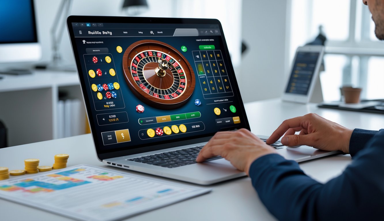 Seseorang sedang menggunakan komputer dengan tampilan roda roulette digital dan chip taruhan di meja kerja yang rapi.