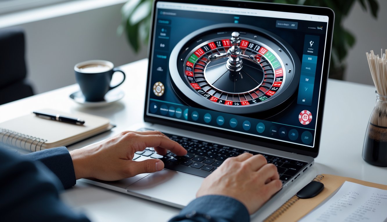 Seseorang menggunakan komputer untuk memasang taruhan pada permainan roulette online dengan roda roulette digital terlihat di layar.
