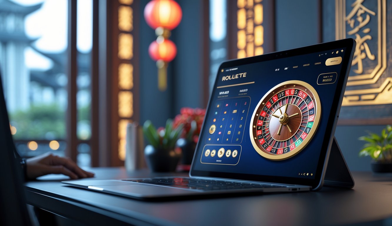 Sebuah meja kerja modern dengan layar menampilkan roda roulette digital dengan nuansa Asia di latar belakang.