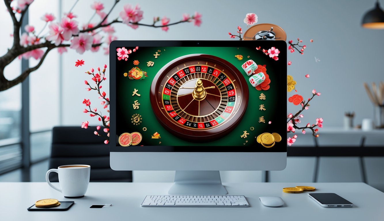 Sebuah meja kerja modern dengan komputer yang menampilkan roda roulette online berwarna cerah dan dekorasi bertema Asia di sekitarnya.