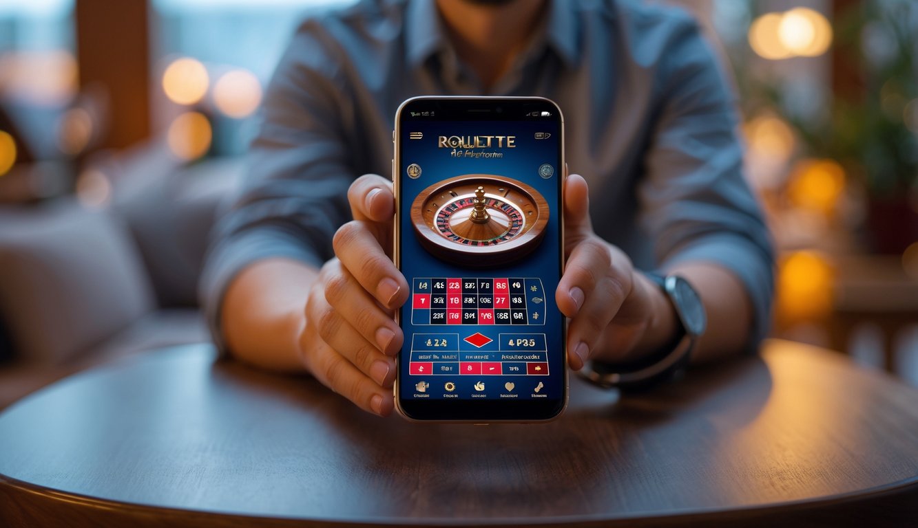 Seorang dewasa muda sedang menggunakan smartphone untuk bermain roulette online dengan uang asli di dalam ruangan yang nyaman.