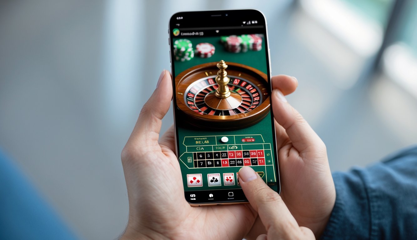 Seseorang memegang smartphone yang menampilkan permainan roulette online dengan latar belakang yang samar.
