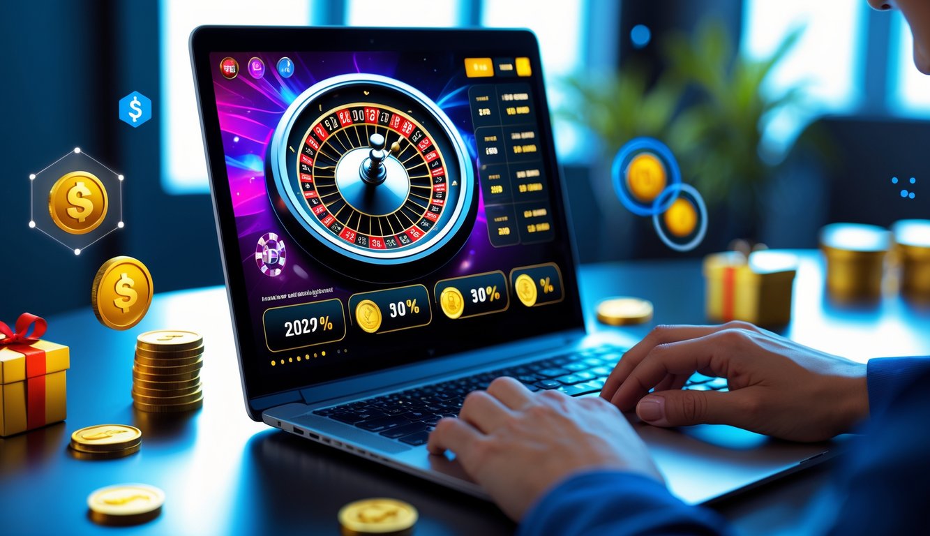 Seseorang menggunakan laptop dengan tampilan permainan roulette online di layar, di meja kerja yang rapi dan terang.