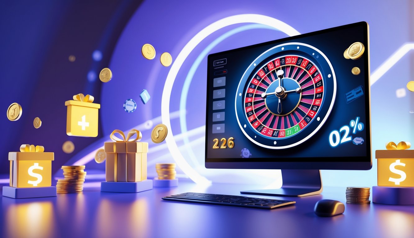 Tampilan komputer dengan roda roulette digital dan ikon bonus di sekitar, menggambarkan promosi roulette online terbaru tahun 2026.