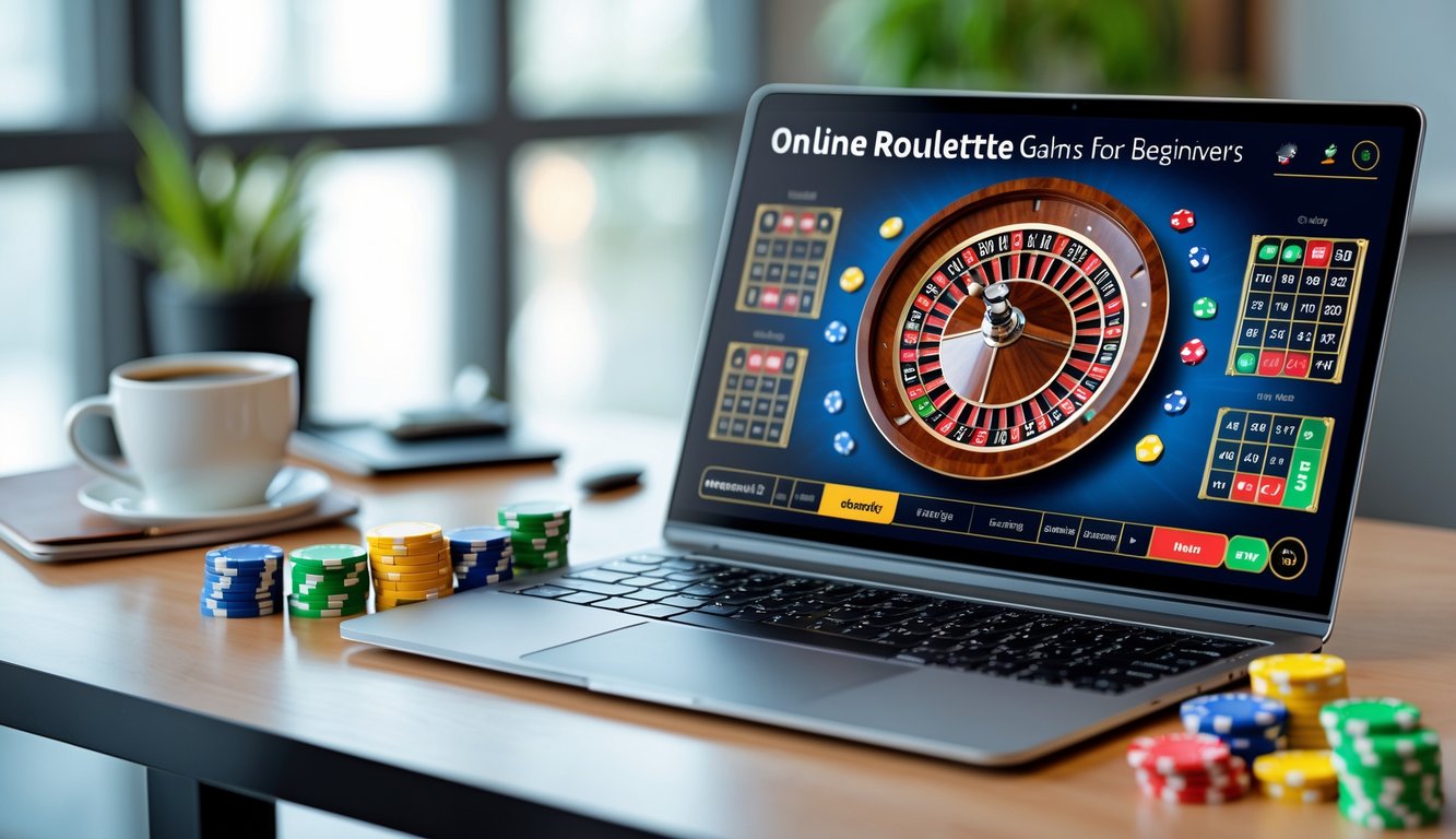 Meja kerja dengan laptop yang menampilkan roda roulette online, beberapa chip taruhan, dan alat tulis di sampingnya.