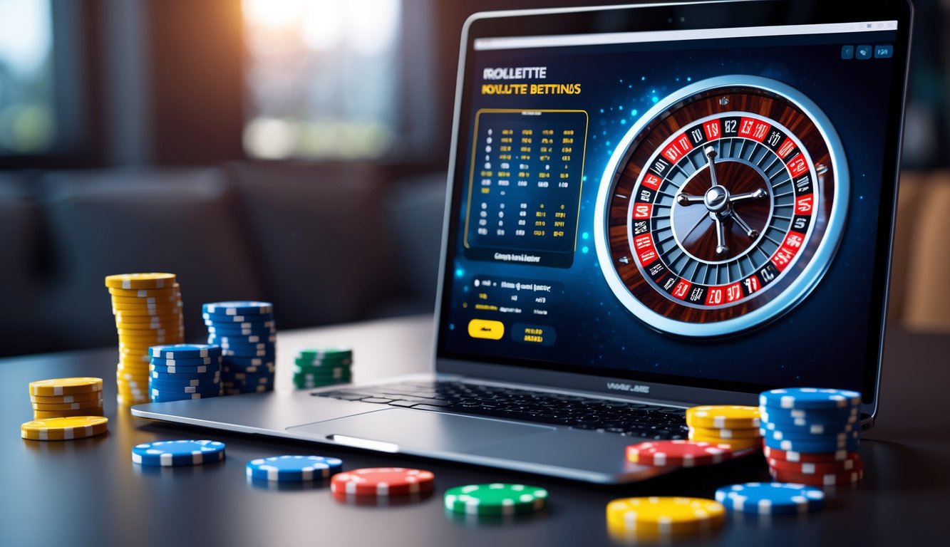 Sebuah laptop dengan roda roulette dan chip taruhan di sampingnya, menggambarkan suasana belajar roulette online untuk pemula.