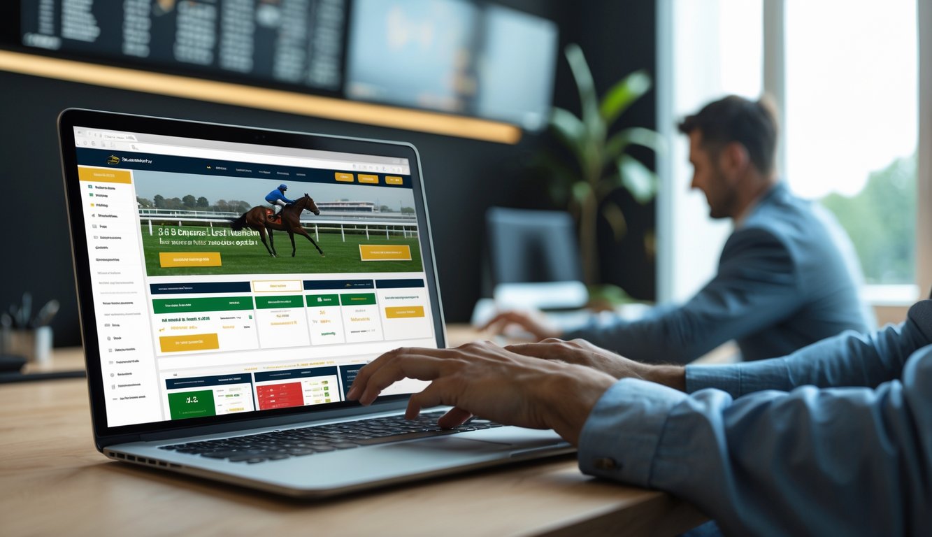 Seseorang menggunakan laptop dengan tampilan situs balap kuda online di meja kerja yang rapi.