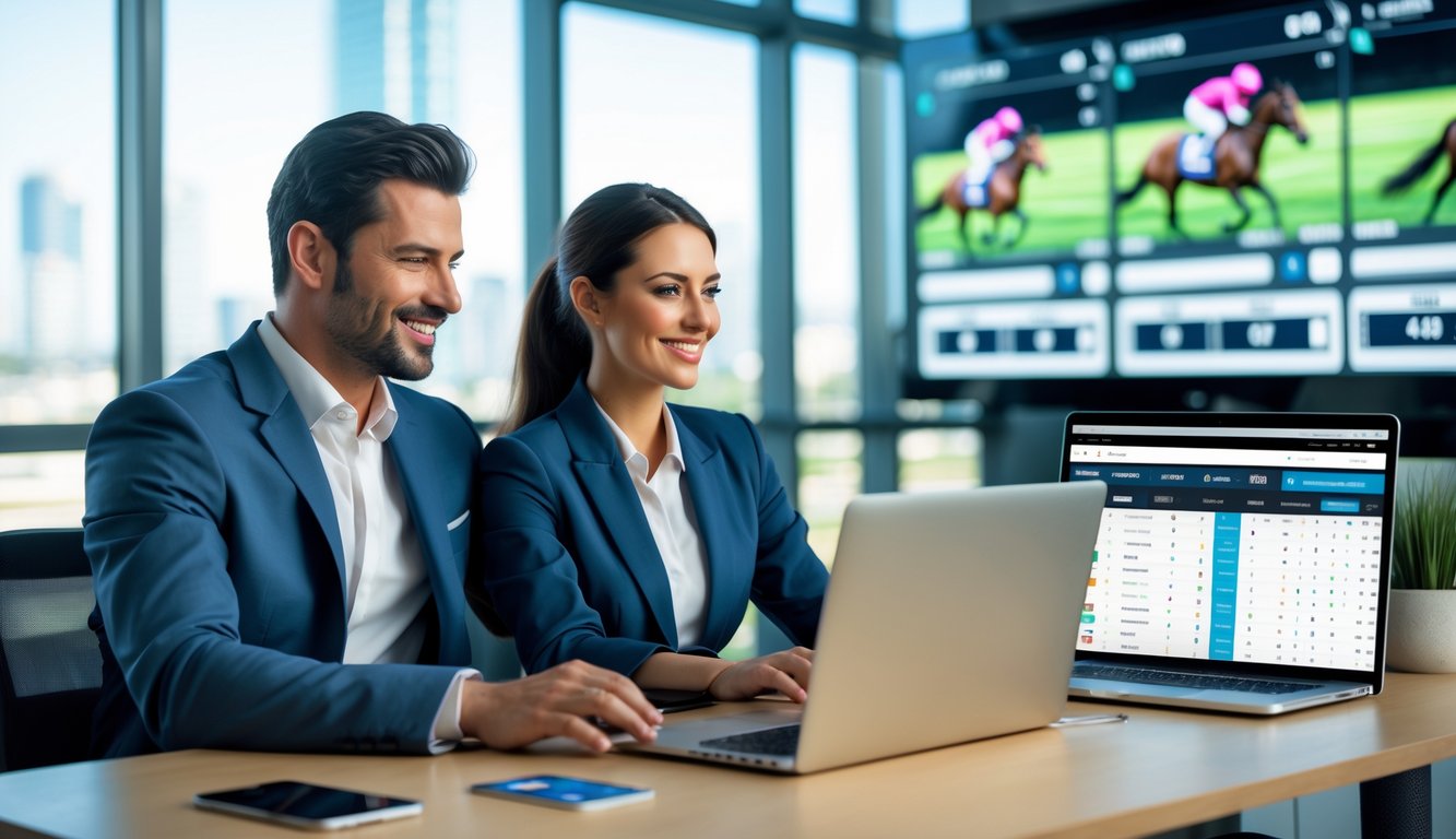Dua orang profesional sedang menggunakan laptop di kantor modern dengan latar belakang kota dan layar digital menampilkan data balap kuda.