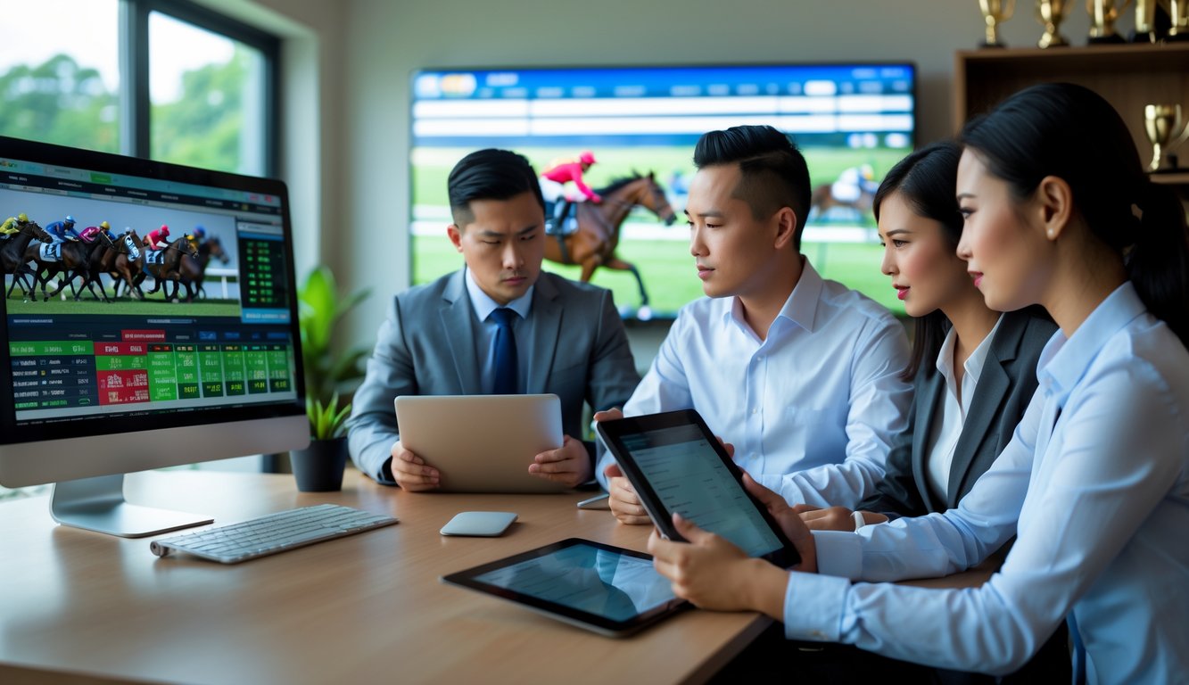 Orang-orang profesional sedang bekerja di kantor dengan layar komputer yang menampilkan data balap kuda, menunjukkan suasana agen balap kuda online yang terpercaya.
