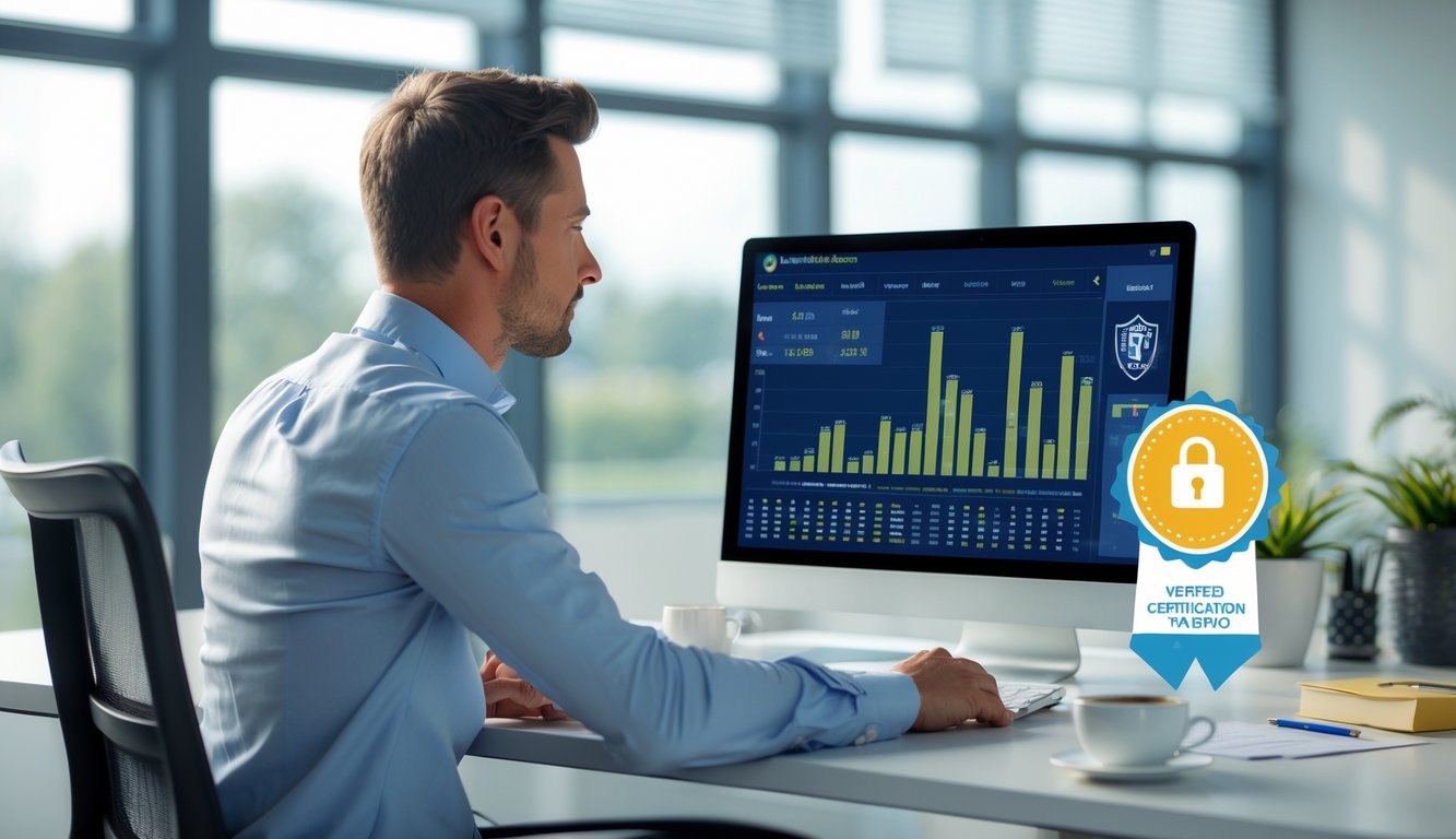 Seorang profesional sedang bekerja di depan laptop dengan data balap kuda online dan simbol keamanan di meja kantor yang rapi.
