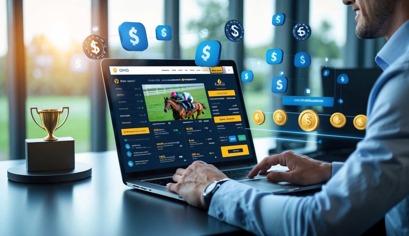 Seorang profesional menggunakan laptop di meja kerja dengan tampilan balap kuda online dan ikon bonus di sekitar.