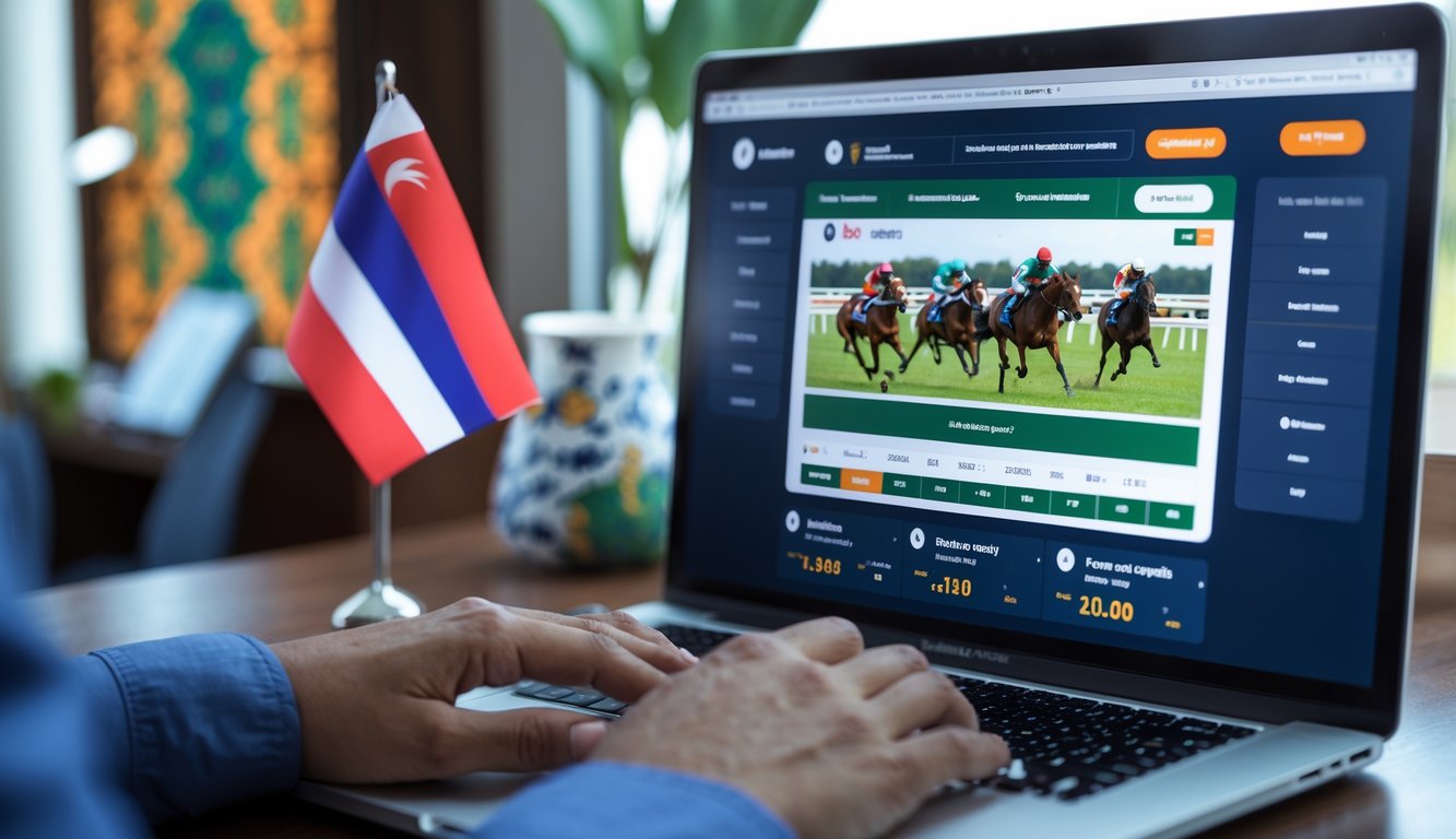 Seorang pengguna sedang menggunakan laptop untuk memasang taruhan balap kuda online di meja kerja dengan bendera Indonesia kecil di samping.