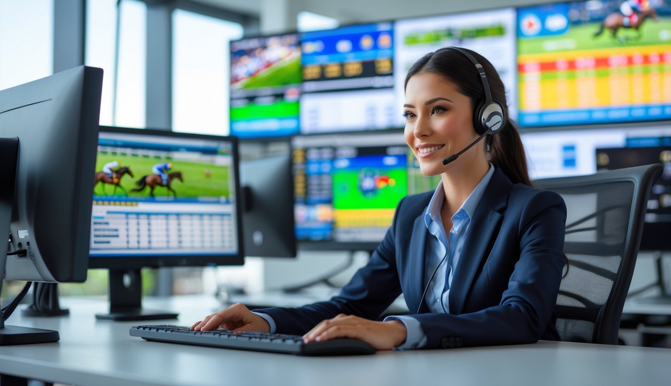 Seorang perwakilan layanan pelanggan dengan headset duduk di meja kantor modern dengan layar komputer yang menampilkan data dan rekaman balap kuda.