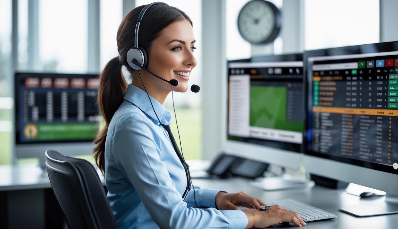 Seorang perwakilan layanan pelanggan sedang bekerja dengan headset di kantor modern dengan layar komputer menampilkan data balap kuda dan taruhan online.