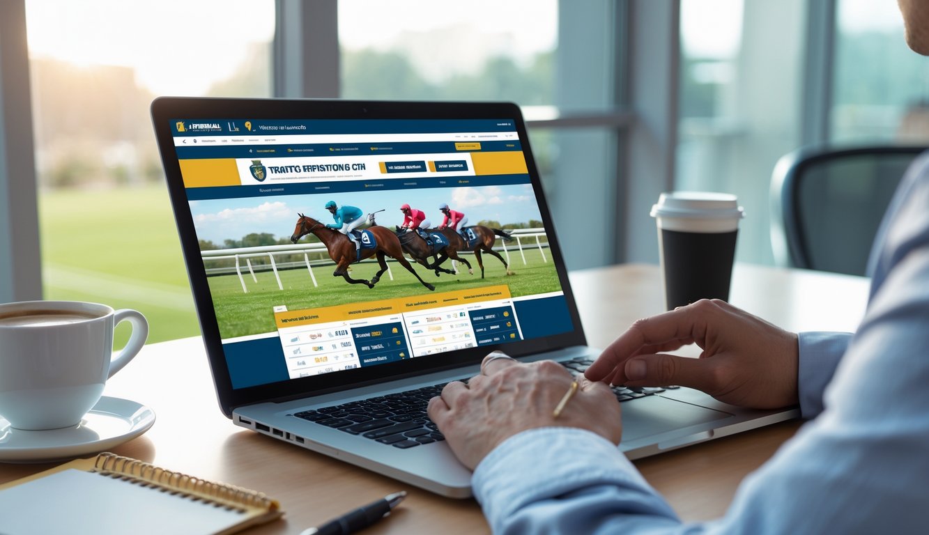 Seseorang sedang mendaftar dan bermain di situs taruhan balap kuda online terpercaya menggunakan laptop di ruang kerja yang terang dan rapi.