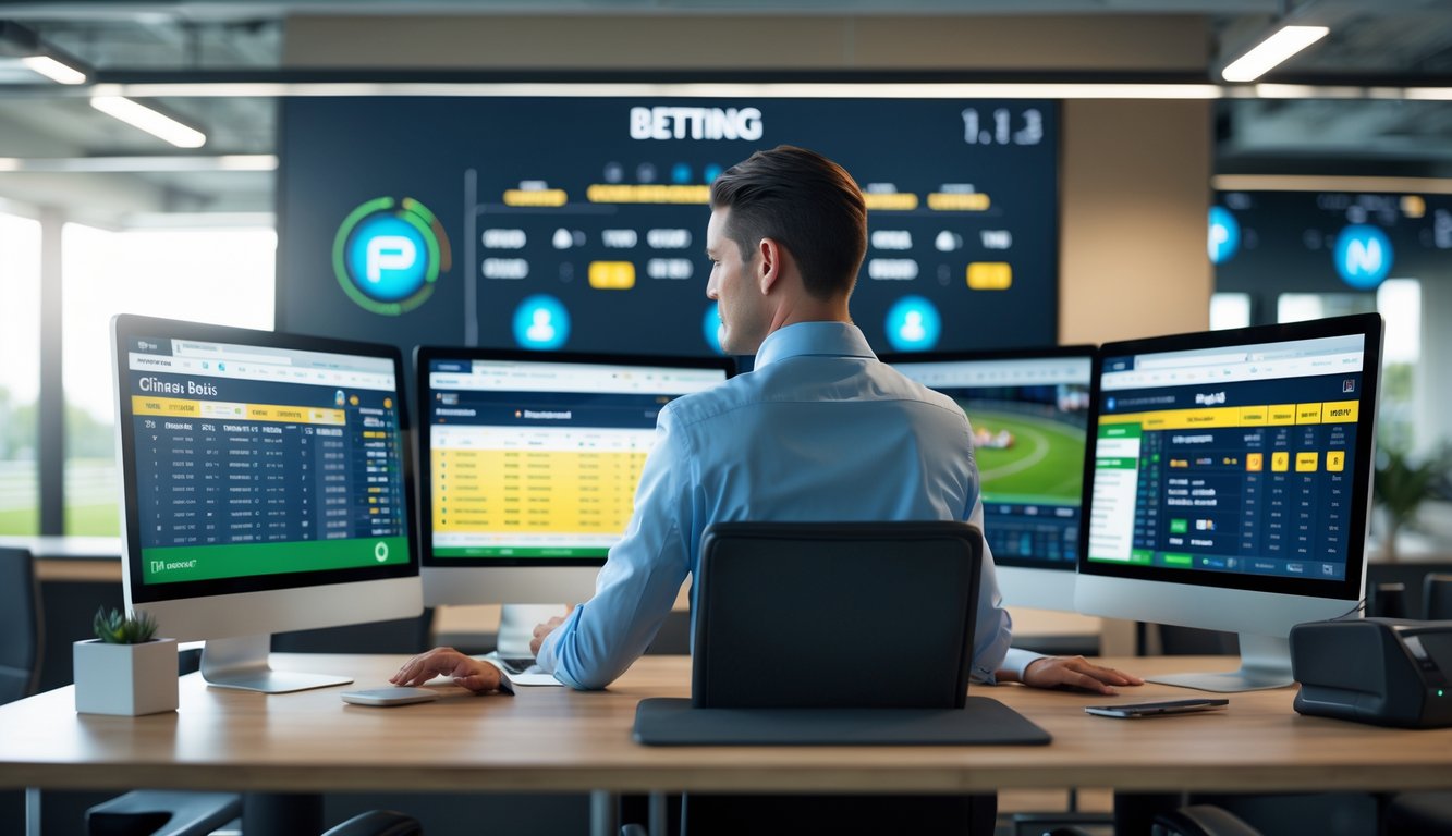 Seorang agen profesional di kantor modern membantu klien dengan komputer yang menampilkan data balap kuda dan sistem pembayaran digital.
