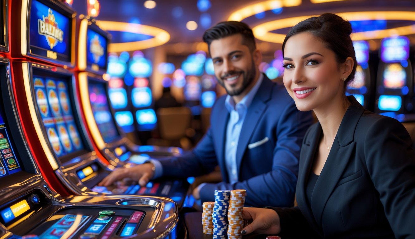 Seorang pria dan wanita duduk di depan mesin slot di kasino, pria menekan tombol mesin slot dan wanita terlihat bersemangat sambil memegang chip kasino.