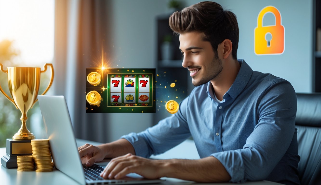 Seorang pria muda duduk di meja dengan laptop yang menampilkan permainan slot, dikelilingi oleh simbol keberhasilan dan keamanan.
