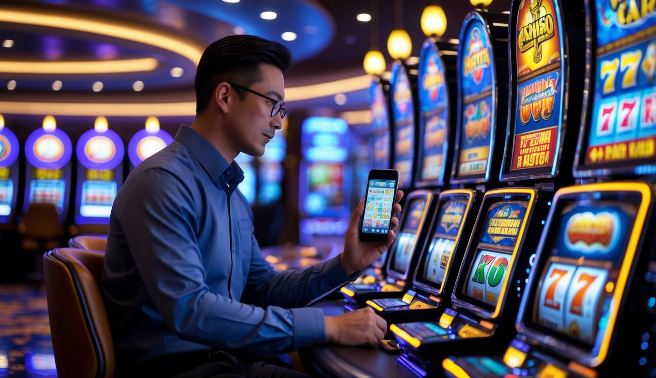 Seorang pria dewasa sedang memperhatikan mesin slot yang menyala di dalam kasino modern.