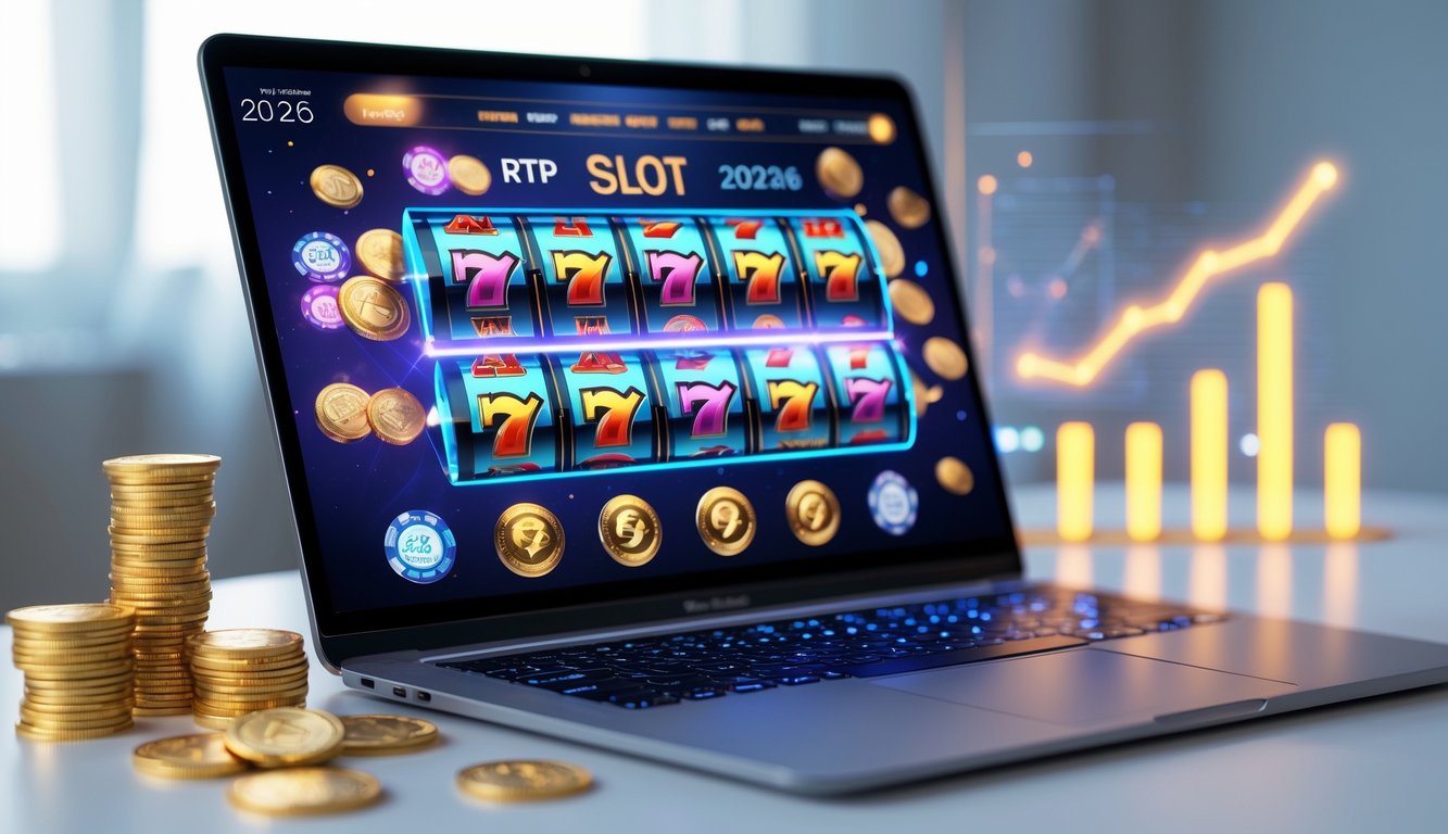 Seorang pengguna sedang bermain mesin slot online di komputer dengan simbol kemenangan dan elemen keuangan di sekitar layar.