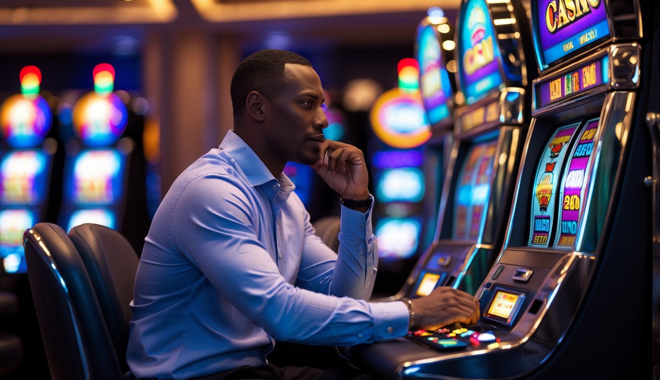 Seorang pemain dewasa duduk di depan mesin slot di kasino, sedang fokus dan berpikir sambil mesin slot berputar di sekitarnya.