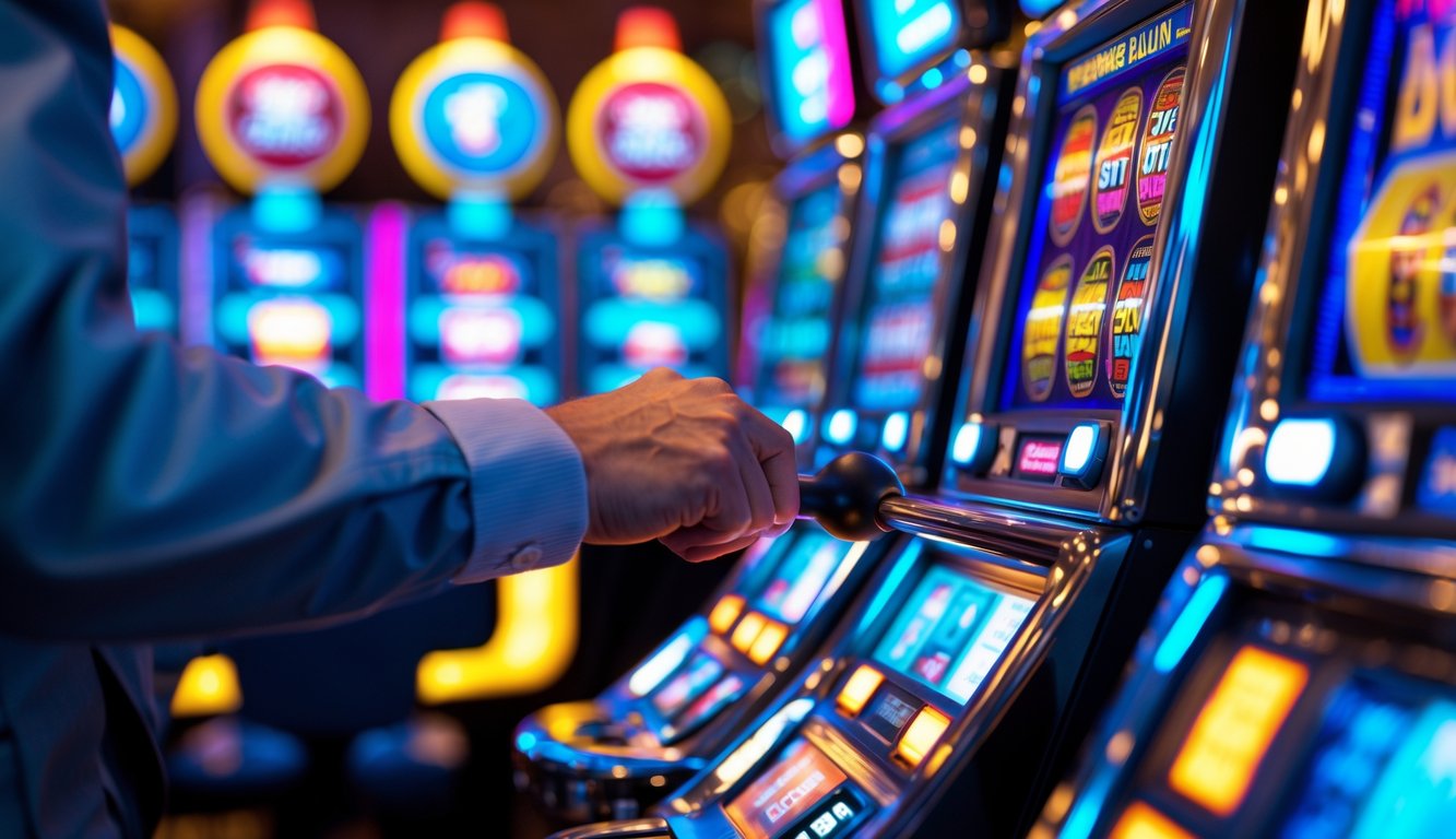 Tangan seseorang sedang menekan tuas mesin slot yang berwarna cerah di dalam kasino dengan latar belakang mesin slot lainnya.