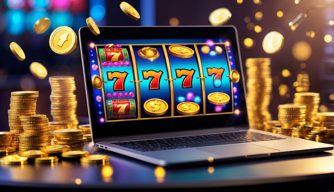 Sebuah laptop menampilkan permainan mesin slot dengan simbol kemenangan dan koin emas di atas meja modern.
