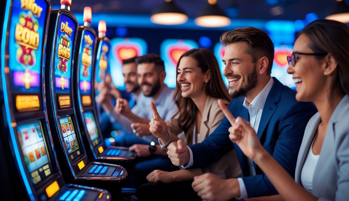 Orang-orang sedang bermain mesin slot online di ruangan kasino yang terang dan modern dengan ekspresi senang dan suasana yang menyenangkan.