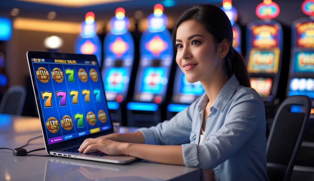 Seorang wanita muda duduk di meja dengan laptop yang menampilkan permainan slot, di latar belakang terdapat mesin slot dan lampu yang samar.