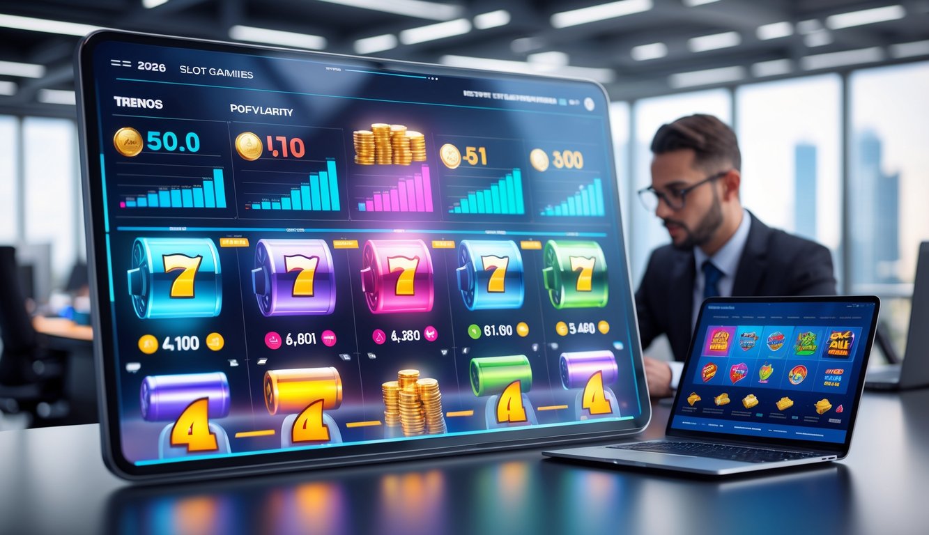 Seorang profesional sedang menganalisis data permainan slot terbaru dan terpopuler di kantor modern.