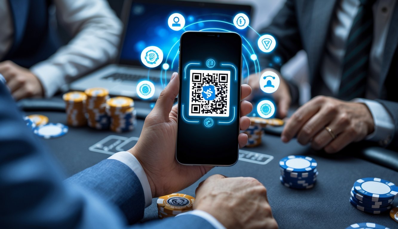 Seseorang memegang ponsel yang menampilkan kode QR di depan meja poker dengan chip dan kartu bermain.