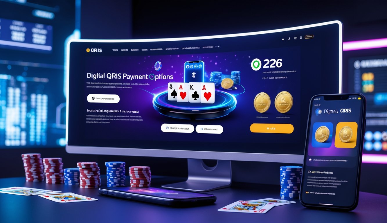 Sebuah setup permainan poker online modern dengan monitor besar, chip poker, kartu bermain, dan ponsel menampilkan kode QR untuk pembayaran.