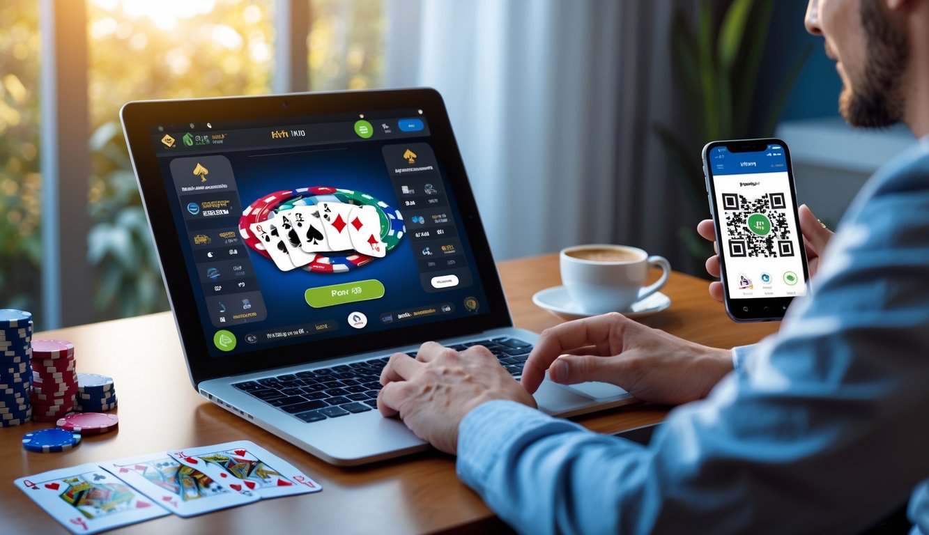 Seseorang bermain poker online menggunakan laptop dengan ponsel menampilkan kode QR untuk pembayaran cepat dan aman di meja kerja.