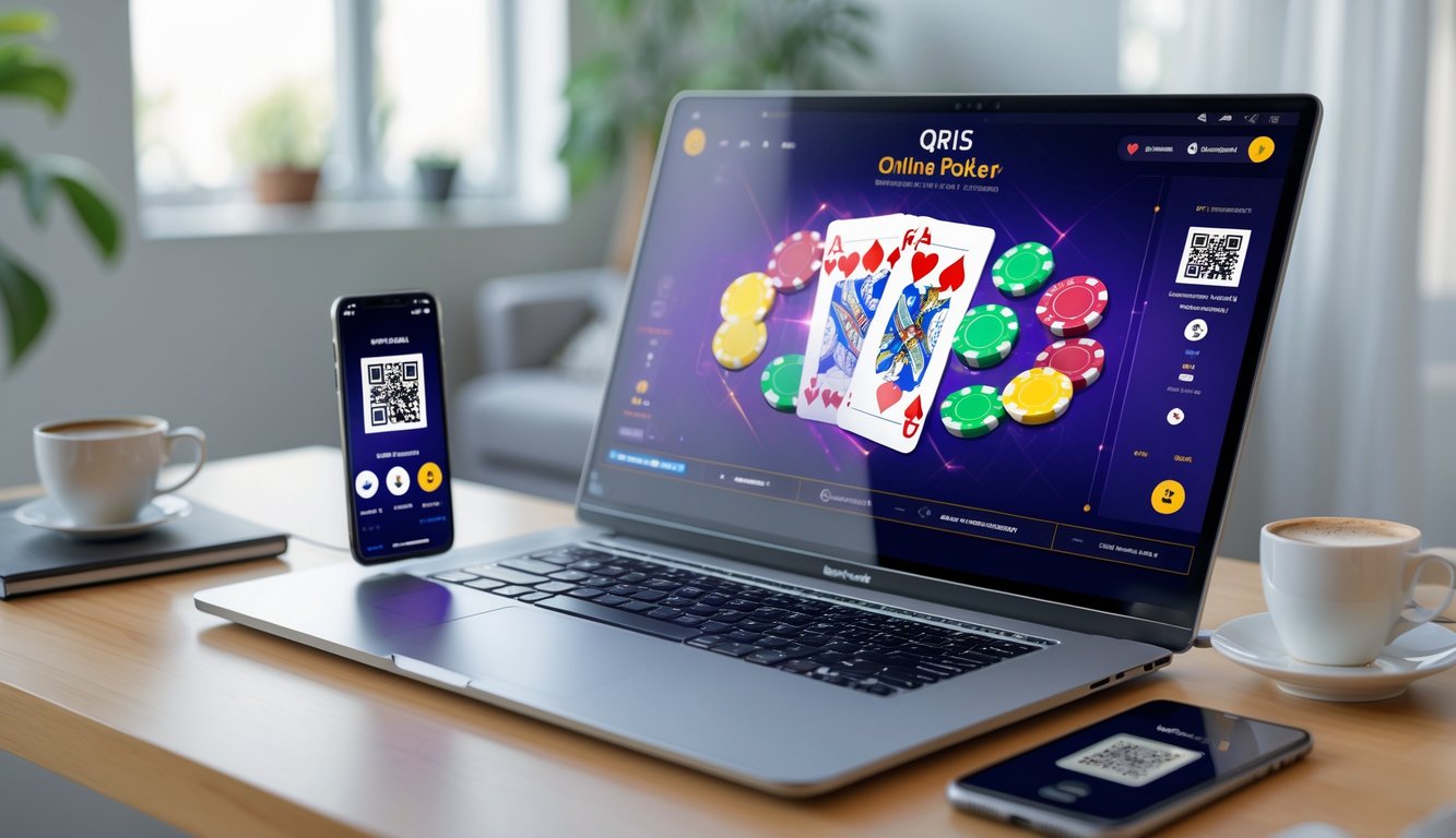 Seorang pemain poker online menggunakan laptop dengan tampilan permainan poker dan ponsel menampilkan kode QR di meja yang rapi dan terang.
