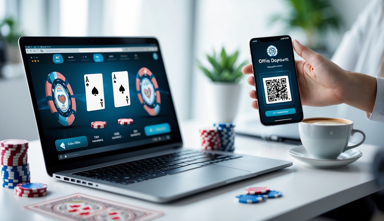 Seorang pengguna sedang bermain poker online di laptop dengan ponsel memindai kode QR untuk melakukan deposit.