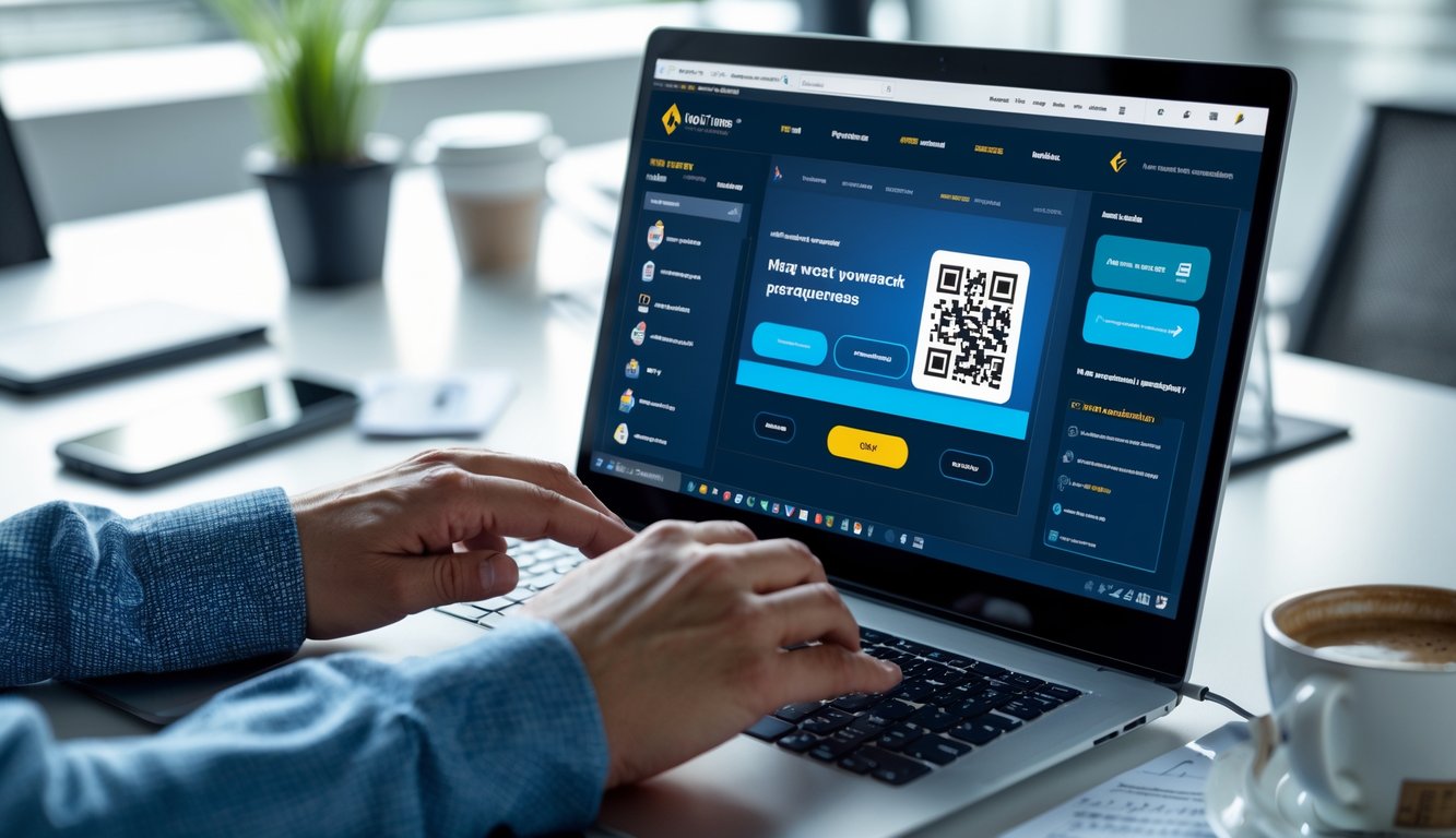 Seseorang menggunakan laptop di meja kerja dengan tampilan situs poker online dan kode QR untuk pembayaran.