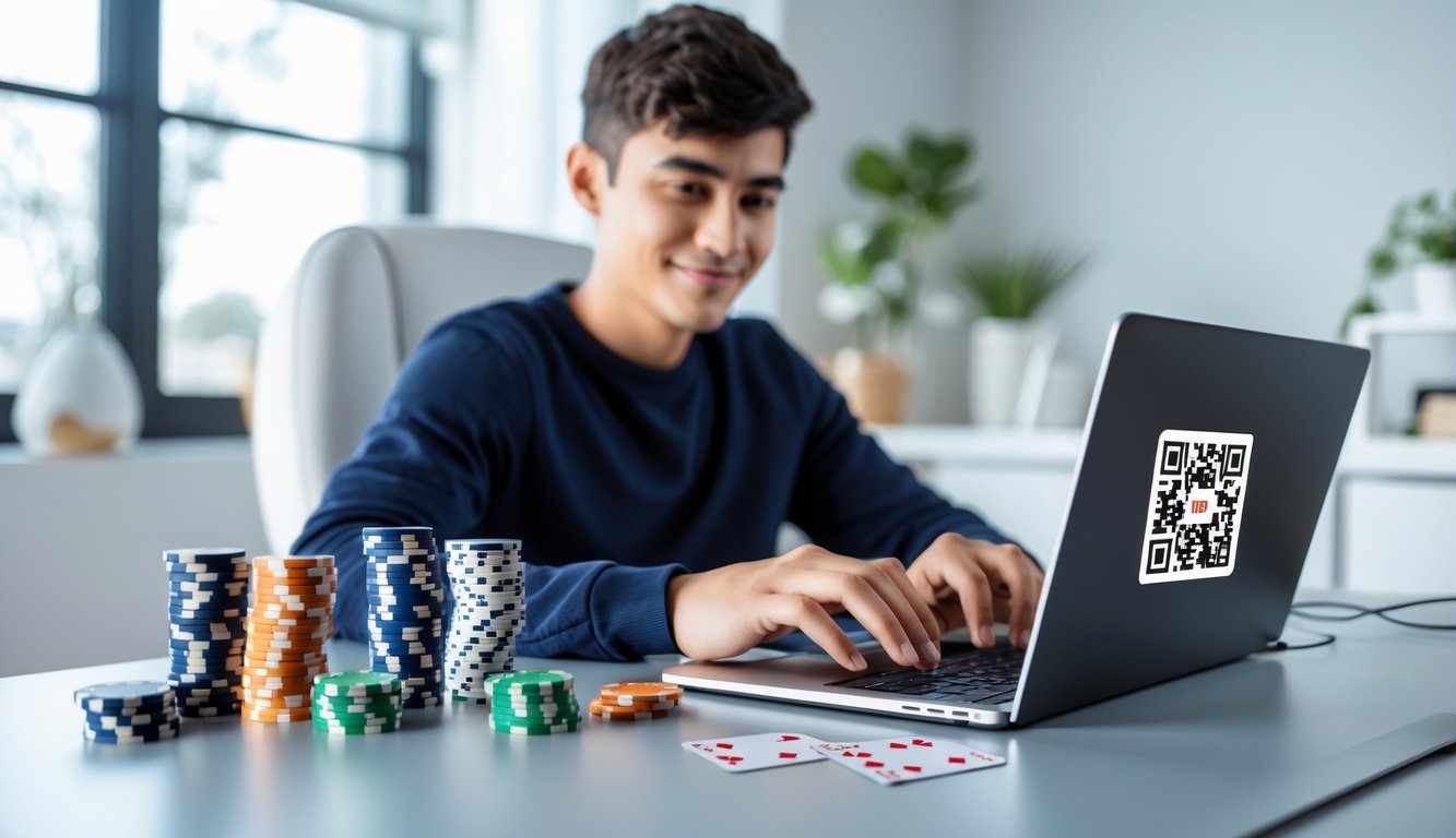 Seseorang duduk di meja dengan laptop dan ponsel yang menampilkan kode QR, di sekitar meja terdapat chip poker dan kartu bermain.