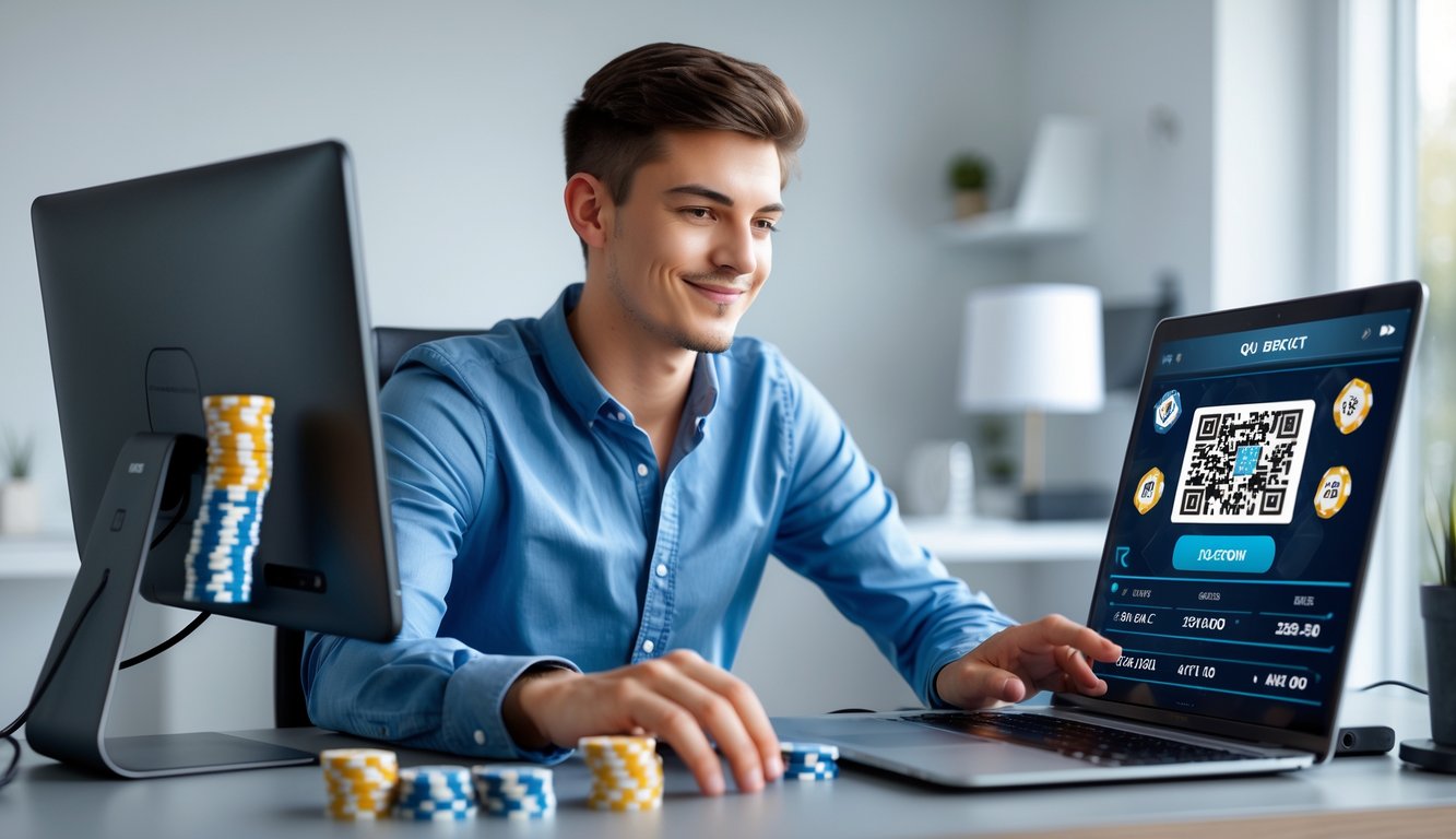 Seseorang sedang bermain poker online di laptop dengan ponsel yang menampilkan kode QR di meja kerja.