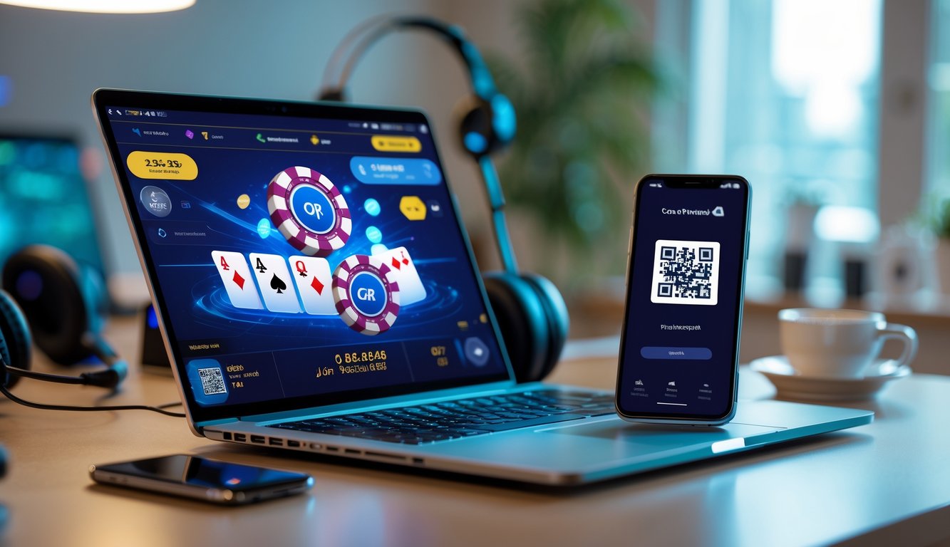 Seorang pria menggunakan laptop dan smartphone untuk bermain poker online dengan metode pembayaran QRIS di meja kerja modern.
