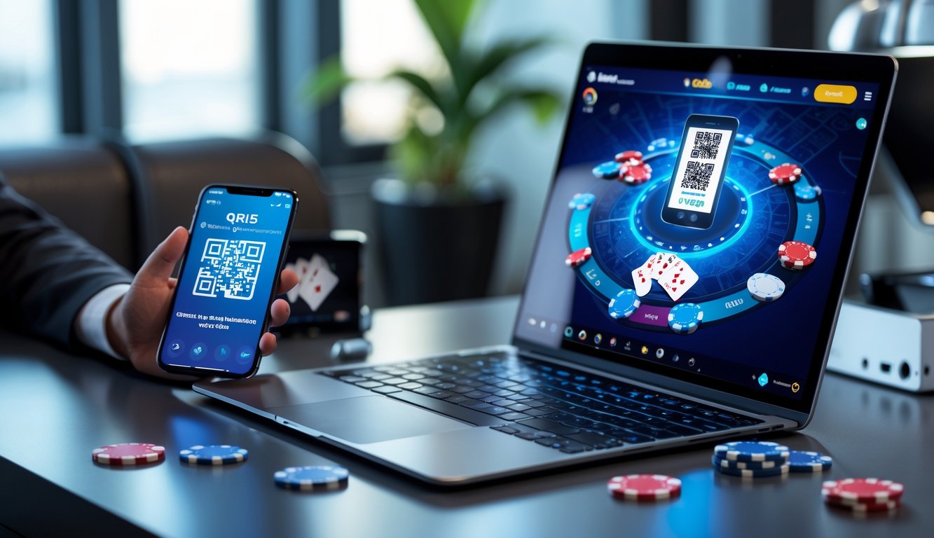 Seorang pemain poker online menggunakan laptop dan ponsel dengan layar menampilkan permainan poker dan kode QR untuk pembayaran.