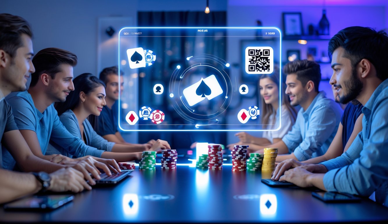 Sekelompok orang muda bermain poker online di ruangan modern dengan pencahayaan biru dan ungu, menggunakan laptop dan tablet dengan chip poker dan kartu bermain di meja.