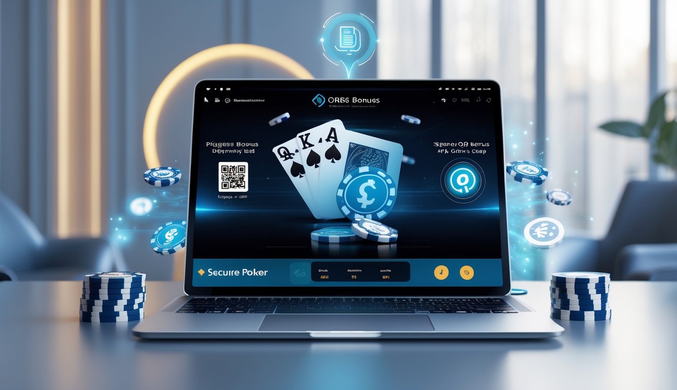 Sebuah adegan permainan poker online dengan perangkat digital menampilkan kartu dan chip poker serta simbol pembayaran QRIS di latar belakang yang modern dan bersih.