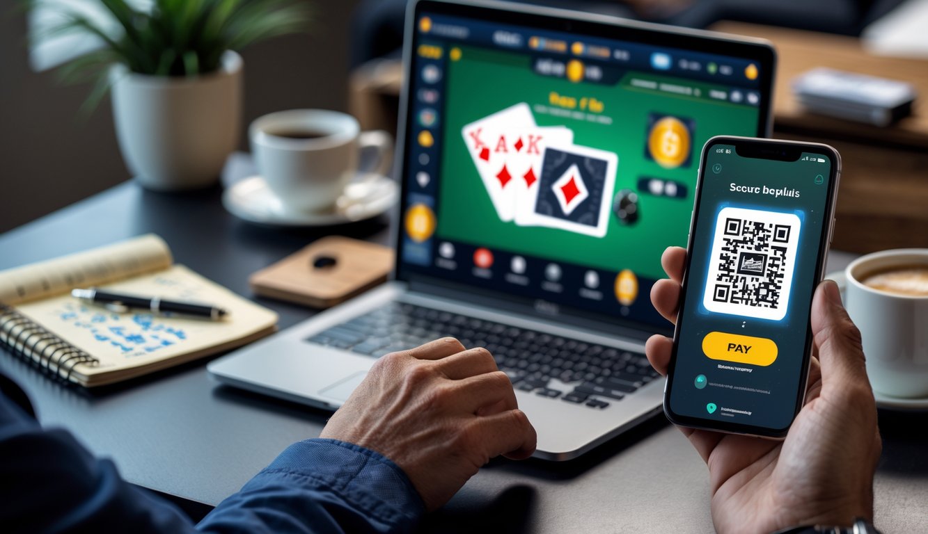 Seseorang menggunakan laptop dan ponsel untuk bermain poker online dengan kode QR untuk pembayaran di meja kerja yang rapi.